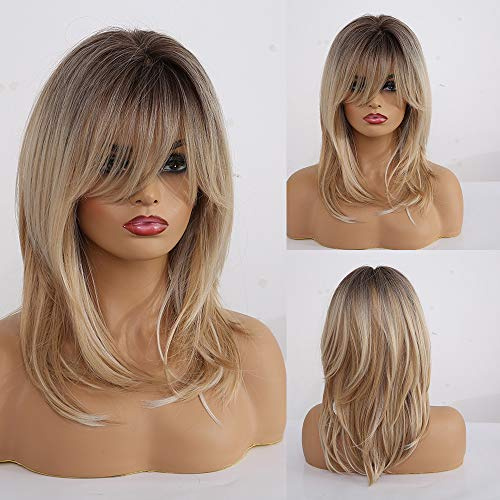 HAIRCUBE Långa lockiga blonda peruker axellånga syntetiska peruker för kvinnor med lugg 18 tum mörk rot ljusblond hår peruker för vita kvinnor flickor