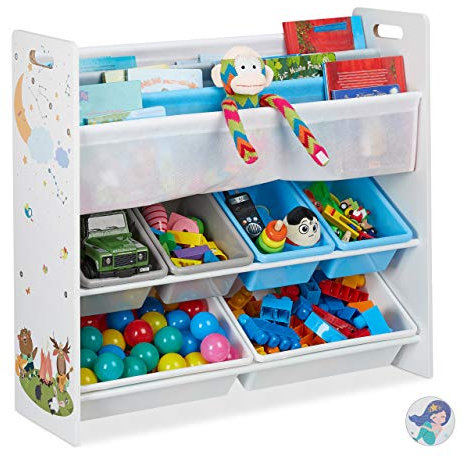 Relaxdays Kinderregal, 6 Boxen, 4 Stofffächer, Lagerfeuer Kindermotiv, Spielzeugregal HxBxT: 78 x 86 x 26,5 cm, bunt