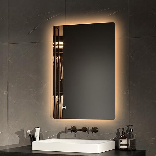 EMKE Badspiegel mit Beleuchtung 50x70cm, 3 Lichtfarbe | Badezimmerspiegel mit Dimmbar Wandspiegel, Touch, beschlagfrei, 3 Stunden automatische Abschaltung