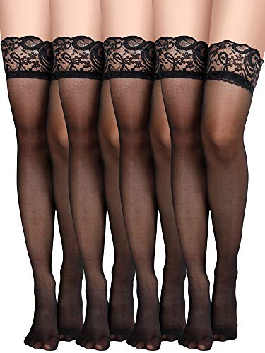 Geyoga 4 Paires Bas Cuisse Transparent Dentelle (Noir)