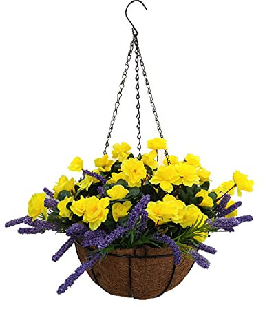 Künstliche Azaleen und lila Lavendel Seide Blumen Kette Hängekorb Blumentopf Dekoration (mittelgroßer Korb) für drinnen und draußen.