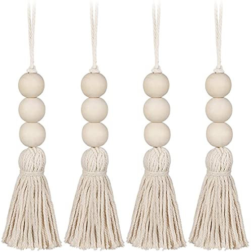 LATRAT 4 cuentas de borlas de madera, adornos de borla, tirador de puerta, borla, colgante de perlas para puerta de armario, decoración de pared, pompón, perla, colgante para armario, porche
