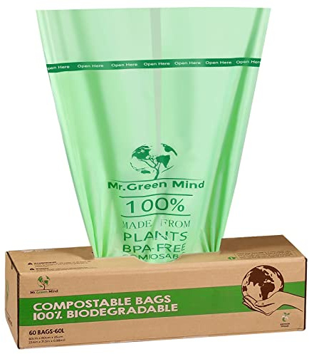 Biobeutel 50/60 Liter – 60 Stück biologisch abbaubare Abfallbeutel – 60 x 80 cm – 100% kompostierbare Abfallbeutel – Inkl. Spender – Bioabfallbeutel