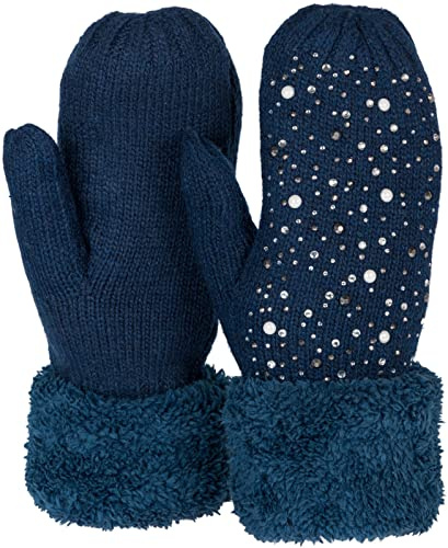 styleBREAKER Damen Strick Fäustlinge Strass Perlen | Wärmendes Thermo-Fleece-Innenfutter, elastische Passform für 16-21 cm Handumfang (Größe 6-8), ohne störende Nähte.