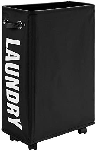 DOKEHOM 25-Inches Slim Wäschekorb auf Rollen, Zusammenklappbarer Rollender Wäschekorb, Faltbare schmale Eckaufbewahrung (Schwarz)