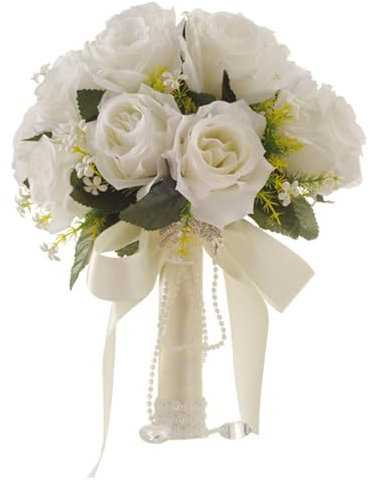YYBS Bouquet da Sposa, Bianco Artificiale Finto Fiore Rosa Sposa, Bouquet da Sposa Rose Artificiali, Damigella d'Onore Bouquet, Adatto per Matrimoni, Feste