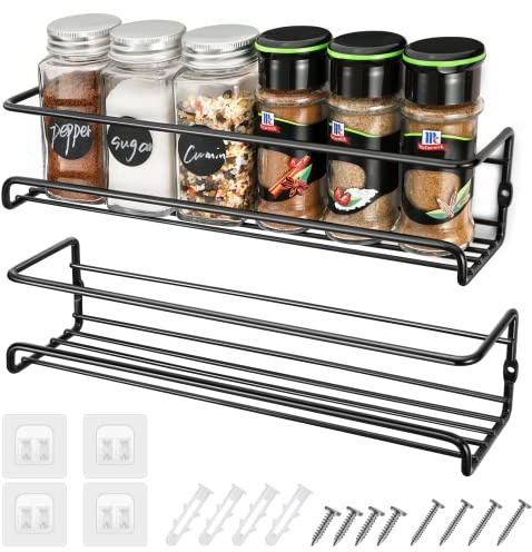 2 Pezzi Porta Spezie per Cucina, Portaspezie da Appendere con Ganci Autoadesivi e Viti, senza Perforazione, Porta Spezie per Cucina da Parete per Cucina Bagno, Nero - 29×6,8×6,5CM