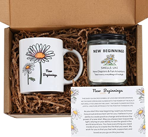 LESEN New Beginnings Box Gifts for Women,Daisy Mug and Candle Gifts Basket for New Job,New House,Congratulations,Goodbye, Good Luck,Coworker Leaving,Break Up,Divorce Gifts