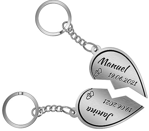 Urhome Schlüsselanhänger personalisiert mit Gravur 2er Set - Edelstahl Pärchen Anhänger - geteiltes Herz Motiv für Partner Mann Partnerin Frau Mama Freundin Freund Paare