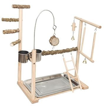 Fenteer Papageien-Spielplatz mit Futternäpfen, Spielzeug zum Aufhängen, Leiter, Spielständer aus Holz, Sitzstange zum Spielen für Sittiche, Käfigzubehör,