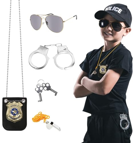 LOHAME Polizei Kostüm Kinder Polizeikostüm Polizei Zubehör Polizist Handschellen mit 2 Schlüssel Polizeiabzeichen Brille Swat Rollenspiel Accessoire für Fasching Karneval Maskerad Cosplay