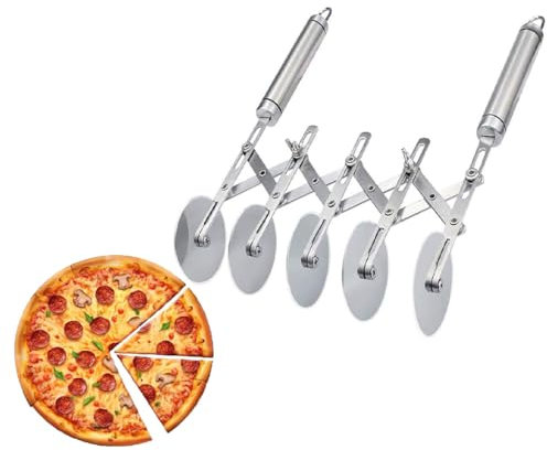 LATRAT Tagliapasta tagliapasta in acciaio inox, 5 ruote, rotella regolabile, tagliapasta per pasticceria, tagliapasta per cottura in cucina, argento con manico