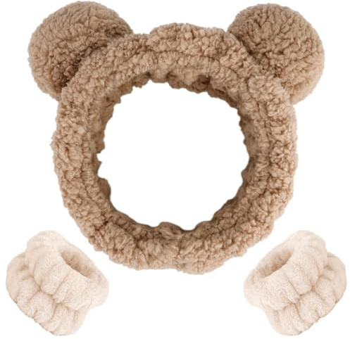 Haarband Schminken Plüsch Bären Ohren Gesicht Waschen Haarbänder Make up Stirnband mit Handgelenk Waschband,Haarband zum Abschminken Dusche Spa, Geburtstagsgeschenke für Frauen (Khaki)