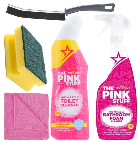 Pink Stuff Toilet Cleaner Gel (750ml) And The Miracle Bathroom Foam Cleaning Spray (850ml) Bundled with Crevice Grout Gap Brush, Cloth & Sponge