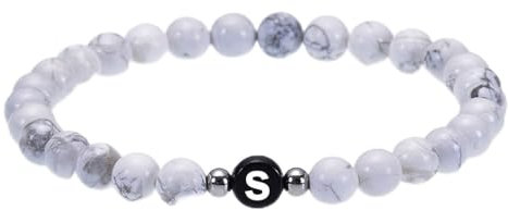 Wycian Männer Armband, Armband Herren 6mm Perlen Magnesit Kristall Weiß Metalllegierung Elastische Perlen mit Dem Buchstaben S 17cmx6mm Elastisch 1er