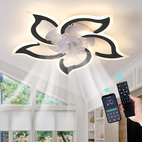 Luyaim Forme De Fleur Ventilateur De Plafond Silencieux Avec Lumiere Et Telecommande, 6 Vitesses Moteur DC Blanc Plafonnier Ventilateur Design Pour Chambre Salon LED Réglable 5 Lumière-Black