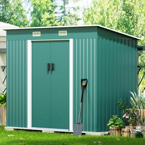 Outdoor Storage Shed Garden Utility Tool Storage House Backyard Lawn with Sliding Door, Green 6 x 4 FT Sloped Pent Roof for Patio Backyard Bike Tool All-Weather