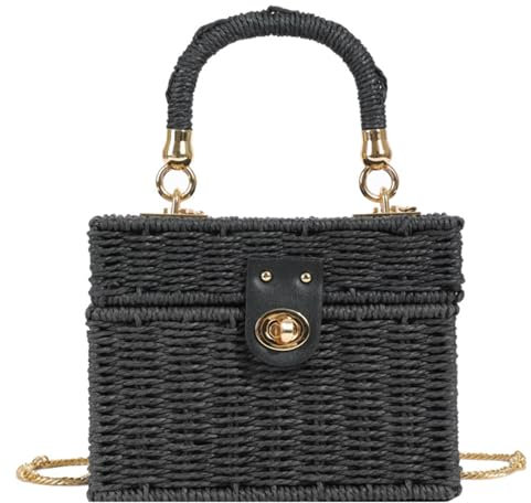 SHOOYIO Handgewebte quadratische Strohtasche, praktische Umhängetasche, Schultertasche, Korb, Handtasche für Damen und Mädchen