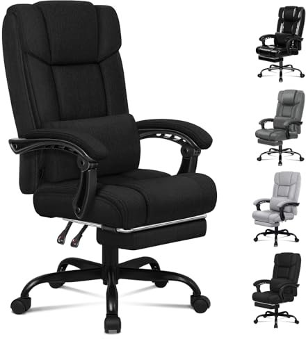 ALFORDSON Bürostuhl, Schreibtischstuhl mit Verstellbarer Lendenwirbelstütze, Drehstuhl mit hoher Rückenlehne für Zuhause und Arbeit mit Fußstütze, Leinenstoff, Schwarz