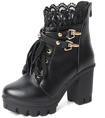 MEOTINA Platform Combat Boots Goth Boots Chunky Heel Ankle Booties for Women Punk Buckle Gothic Boot with Zipper Lace Up Dress Shoes Black/White