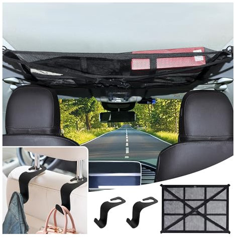 Rete Bagagliaio Auto con 2 Ganci per Poggiatesta,Grande Capacità Anti-Caduta Rete Portaoggetti Auto Mantiene in Ordine Gli Interni,Universale Rete Elastica Accessori Auto Interno