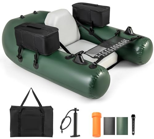 GYMAX Aufblasbares Schlauchboot, Angelboot mit Fischlineal, Belly Boot bis 100 kg belastbar, Angelbasis & 2 Staufächern, Fischerboot mit Handpumpe & Tragetasche