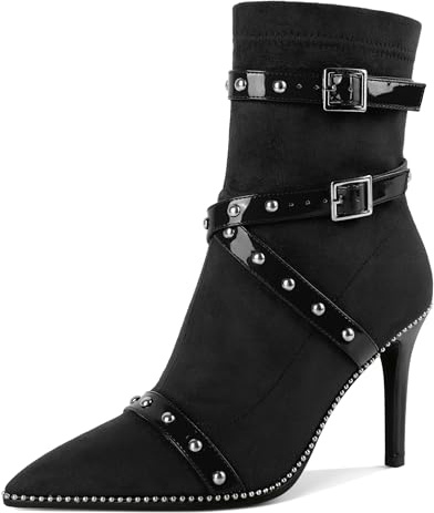 Joseywade Damen-Stiefeletten, 9,4 cm Absatz, hohe Stiletto-Stiefel, mit Perlen, Nieten, spitzer Zehenbereich, seitlicher Reißverschluss, Größe 38-47, Schwarz, 38 EU