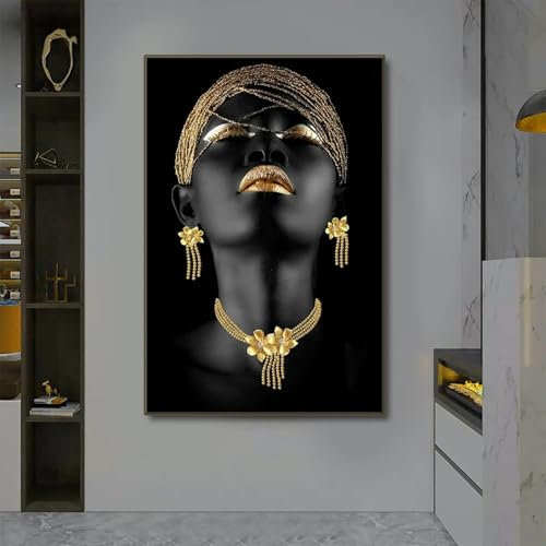 NXMYDBD Wandkunst mit afrikanischen Frauen, klassische Gesten in Schwarz und Gold, Poster und Drucke, Frauenporträts, Leinwandmalerei, Heimdekoration, 40 x 60 cm, ungerahmt