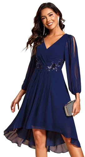 Ever-Pretty Abendkleider Damen Elegant Langarm Kurz Vorne Und Hinten aus Chiffon mit Langen Applikationen EG02926