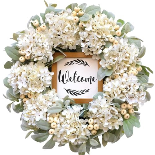 CIR OASES 22 inch Summer Wreath White hydrangea Flower wreath Summer White Hydrangea Rabbit ear leaf wreaths Front porch patio Home decoration Festival Wedding celebration decoration