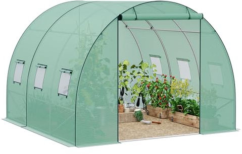 WOLTU Gewächshaus, Foliengewächshaus für Aufzucht Tomaten, Tomatenhaus Winterfest mit Tür 6 Fenstern, aus Stahlrohr PE, 300 x 300 x 200 cm, Grün