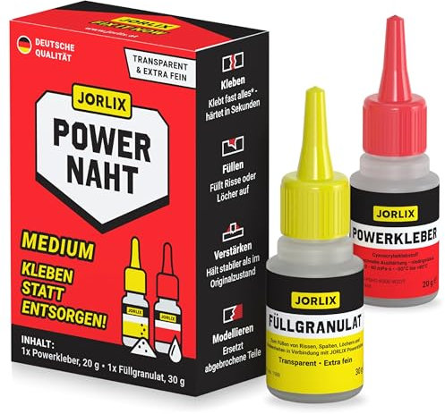 JORLIX POWERNAHT – 2K Schweissnaht Kleber Set | Regular 65g | Sekundenkleber extra stark + Füllgranulat | Kunststoff, Metall, Holz, GFK & PVC uvm. | Deutsche Qualität – wasserfest & hitzebeständig