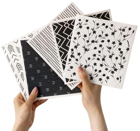 MOVKZACV 5 Stück Wiederverwendbares Schwammtuch, 17 x 19cm Scheuerlappen Aufnehmer Feudel Wischtücher Putzlappen mit Geometrische, Waschbar Spültuch Abwaschlappen Reinigungstücher