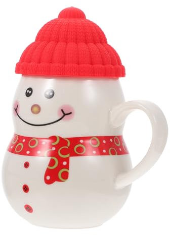 EXHUMKY Keramik Schneemann Tasse Mit Roter Mütze Dicker Xmas Becher Mit Deckel Rutschfest Für Kaffee Saft Milch Festliche Weihnachtstasse Für Zuhause Büro