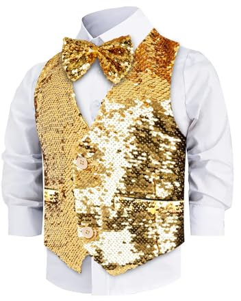 Dress Up America Paljettväst Med Fluga - Guldfärgad Glittrig Väst För Pojkar - Barnmaskeradväst