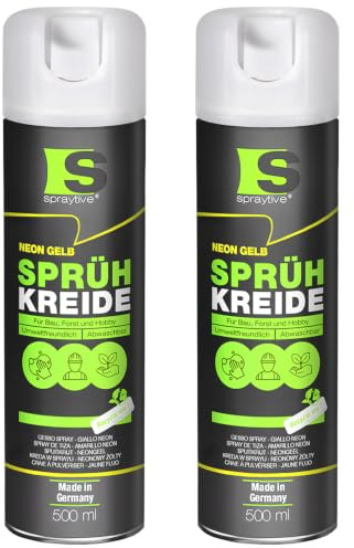 Spraytive Lot de 2 sprays de craie en spray de 500 ml - Jaune fluo - Lavable - Pour extérieur - Marquage de sol - Spray de marquage temporaire pour asphalte, herbe, béton