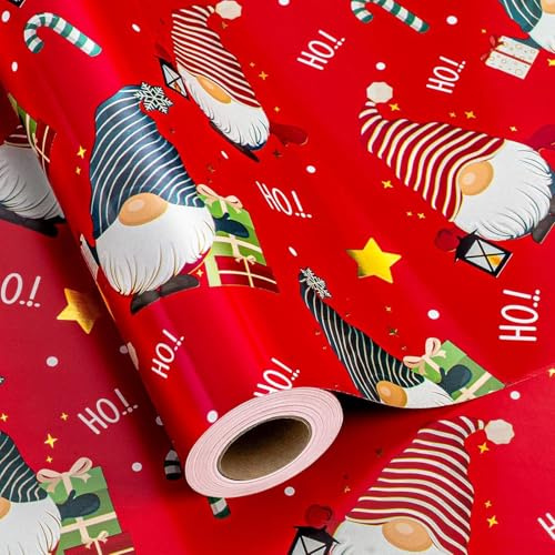 Wikadlik Rotes Weihnachts-Geschenkpapier - Mini-Rolle - Vintage Niedlicher Zwerg Schneeflocke Stern Geschenkpapier für Weihnachten Feiertag Festliche Party - 43cm x 10m