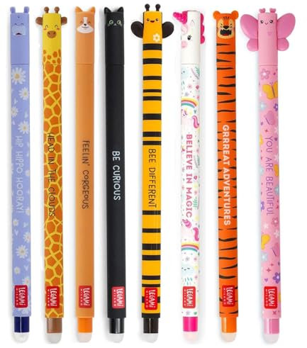 LEGAMI - 8er Set Gel-Radierstifte, Erasable Pen, Stifte mit radierbarer Tinte, Gelschreiber Radierbar ohne Blatt zu verbrauchen, 0,7 mm Spitze, verschiedene Tintenfarben und Tiermotive