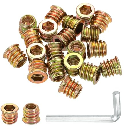 sourcing map 50 Pcs Threaded Insert for Wood, 5/16 - 18 Carbon Steel Threaded Studs Hex Socket Drive Nut Inserts Screw in Nut Fastener Connector with Hex Wrench 13mm Length for Home, Gold