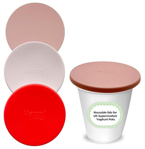 HAPPY LIDS - 3 x Lids for UK Supermarket Yoghurt Pots | Airtight Seal | Food Safe | Reusable and BPA Free Silicone | For 9.5cm diameter pots | Fridge & Dishwasher Safe