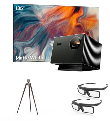Paquete de Cine en casa Valerion：Proyector láser Triple Valerion VisionMaster Pro2 4K + Pantalla de 135 + trípode de Nogal + Gafas 3D