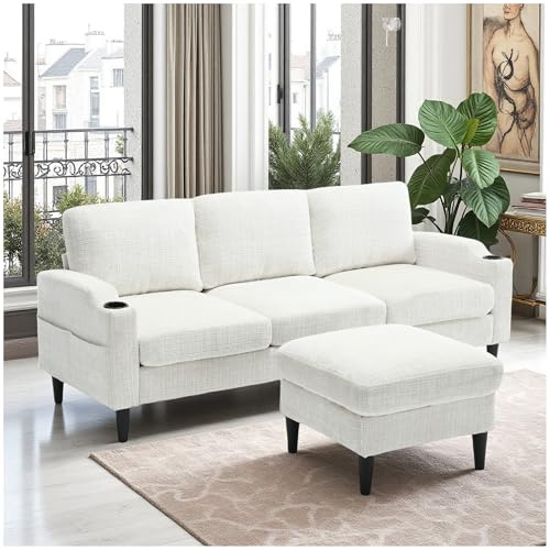 Wyibwy Sofá moderno de 4 plazas, sofá modular con reposapiés y compartimento portaobjetos, sofá esquinero con reposabrazos, portavasos, bolsillos laterales y sólida base de plástico, terciopelo (beige