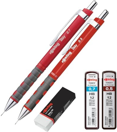 rOtring Tikky Druckbleistift-Set HB 0,50 mm & 0,70 mm – roter Schaft – inklusive Hi-Polymer-HB-Minen und Premium-Radiergummi – Präzisions-Zeichen- und Schreibset für Studenten, Künstler und Profis