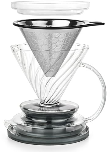 dokaworld Pour Over Coffee Maker – Borosilicate Glass Dripper with Stainless Steel Reusable Filter, Manual Eco Brewer, Plastic-Free Non-Toxic Coffee Station, Innovation Infuser for Daily Brewing