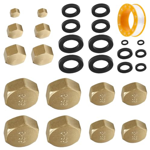 Neikafan 3/4 1/2 3/8 1/4 1/8 Female Blanking Cap 14 Pcs Radiator Stop End | Cap Blank Plug with 14 Pcs Sealing Washer and 1Pcs Plumber's Tape for Radiator Valve Pipe Fittings, Washing Machine