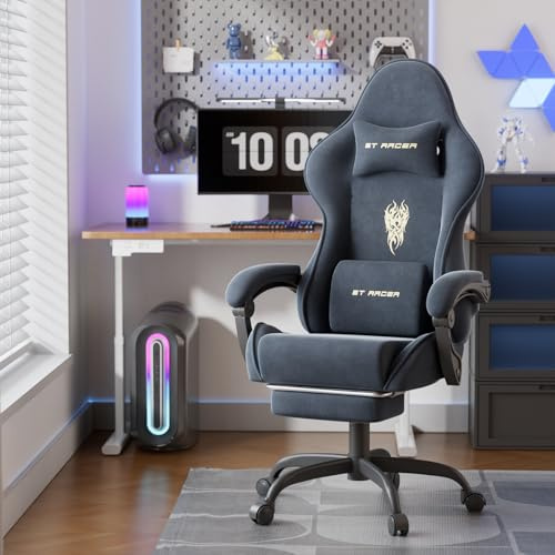 WoRaum Gaming Stuhl, Atmungsaktiver und Ergonomischer Bürostuhl aus Hochwertigem Stoff, So Weich Wie Pelz, Computerstuhl mit verstellbare Kopfstütze und Lendenkissen,Fußstütze (Grau)