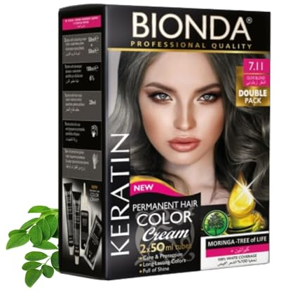Bionda Professional Hårfärg 7.11 Olivblond 200 ml Dubbelpack Keratin | Permanent cremefärg med keratin och moringa som täcker grått till 100% och ger jämn, långvarig färg med lyster