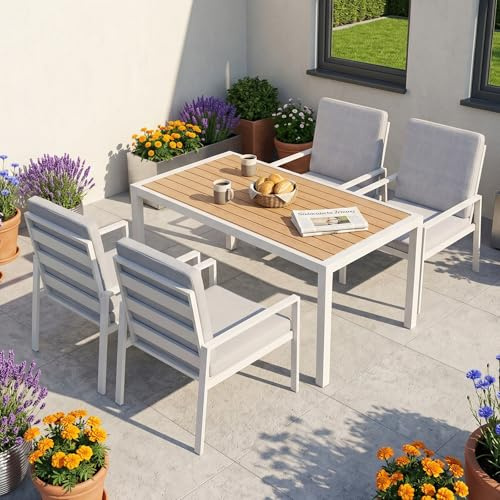 Atenza Gartenmöbel Set 5-teilig wetterfest, Tisch 140x80 cm, 4 Stühle | Rostfreies Aluminiumgestell, WPC-Tischplatte, breite Sitz- und Rückenkissen, Outdoor Essgruppe für Terrasse & Garten