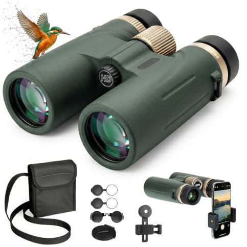 12x42 HD wasserdichtes Profi-Fernglas mit BAK4 Prisma, FMC Linse, Smartphone Adapter & Tragetasche, Easy Focus Weitwinkel – ideal für Vogelbeobachtung, Stargazing, Reisen, Wandern, Jagd & Konzerte