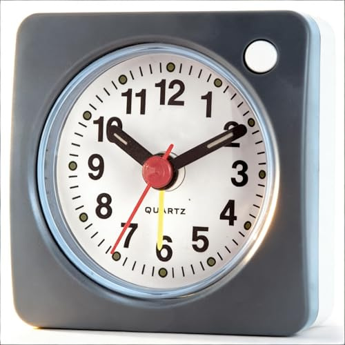 Small Travel Alarm Clock | Silent Non-Ticking, Snooze & Nightlight, Large Display, Glow in The Dark for Heavy Sleepers, Ideal for Bedside & Travel, Gray